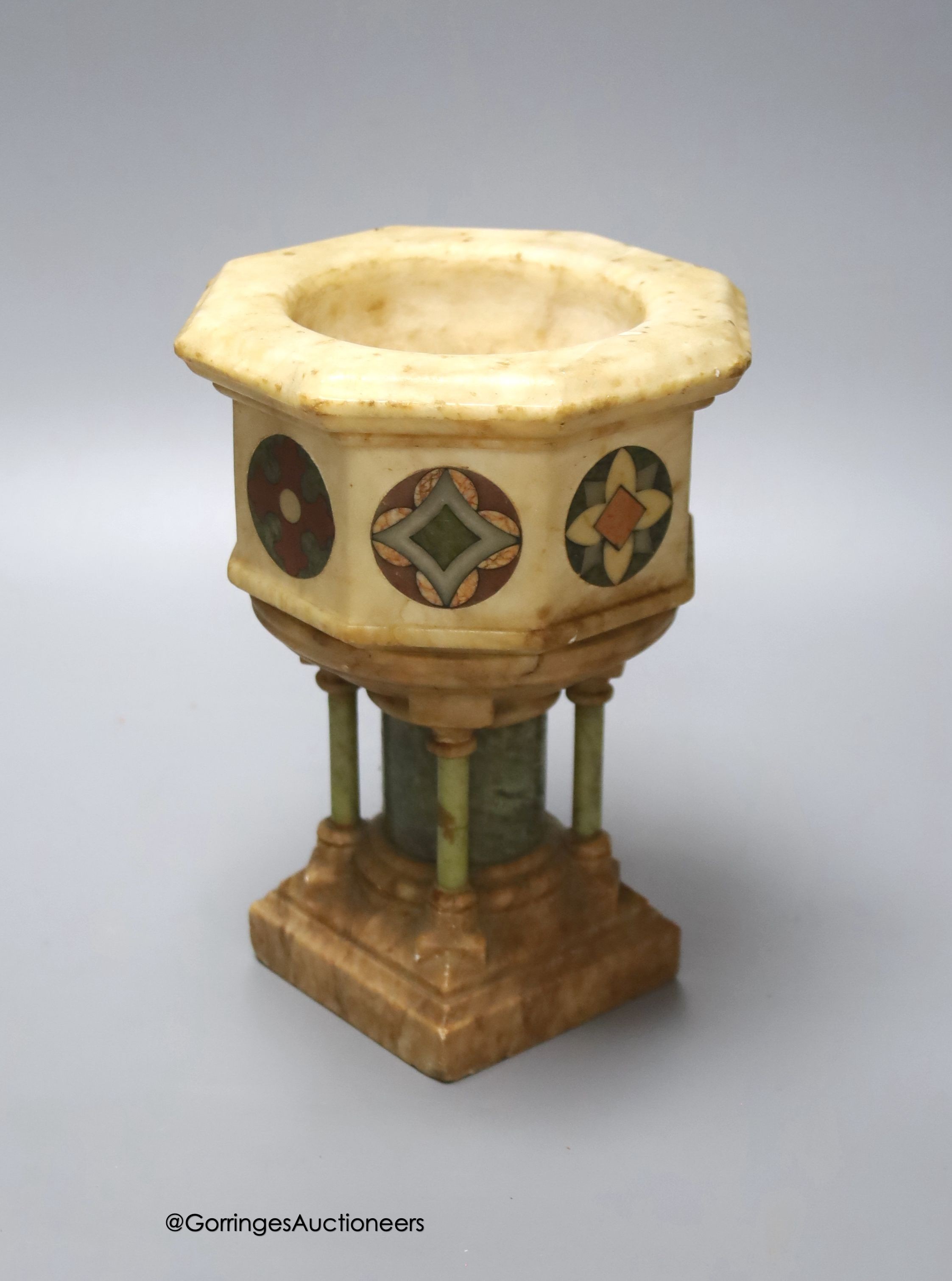 A mid 19th century Italian inlaid marble travelling baptismal font, height 18.5cm